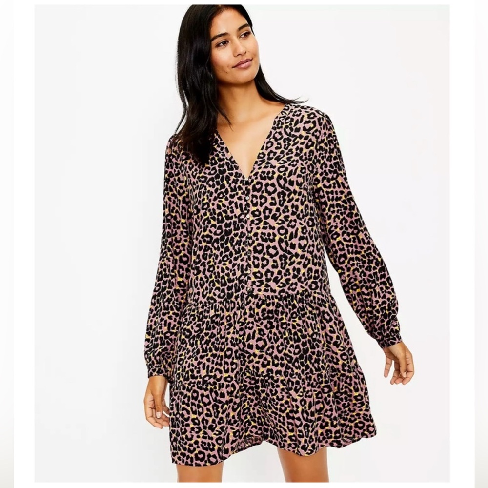 NWT LOFT Leopard Print Button Tiered Swing Dress Size Large Petite